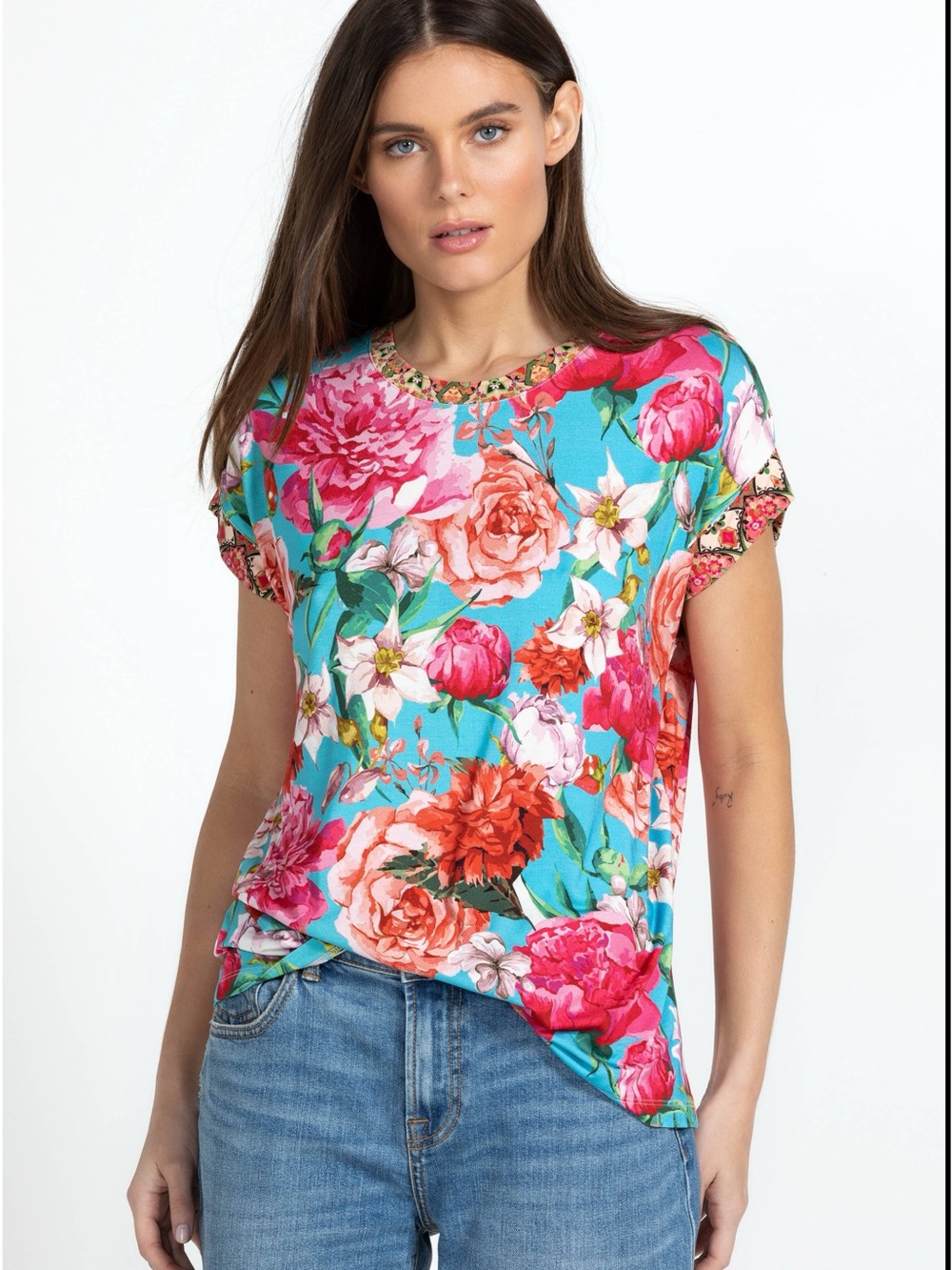 Johnny Was Turquoise Floral Short Sleeve Bamboo Tee